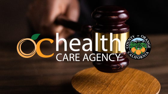Brown Wooden Gavel on Brown Wooden Table with OC Health Care Agency logo overlay